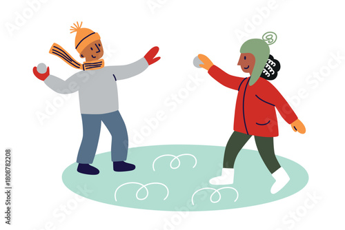 Vector illustration with flat cartoon children in winter snow play, boy and girl snowball fight, snowy landscape, holiday season theme for family activities, childhood fun, outdoor recreation visuals