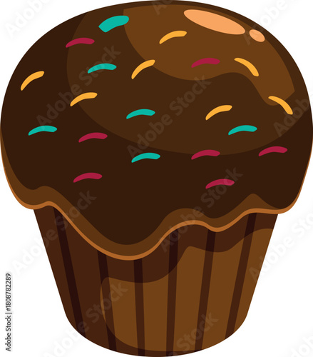 Delicious chocolate muffin decorated with colorful sprinkles is overflowing with sweetness