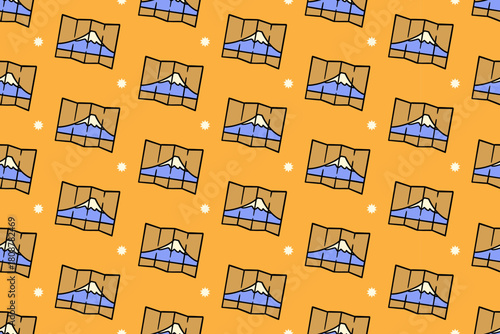 Fuji mountain picture with light colorful illustration seamless pattern on yellow background set for kids merchandise. Folded map cartoon pattern background. Scenic poster doodle vector isolated motif