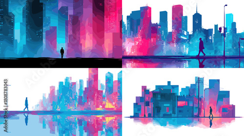 A vibrant neon cityscape illustration featuring tall buildings, glowing lights, and walking silhouettes reflected on water. Perfect for futuristic themes, urban art, and modern digital designs.