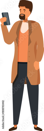 Stylish man holding smartphone, using mobile application, browsing internet, reading news, chatting online