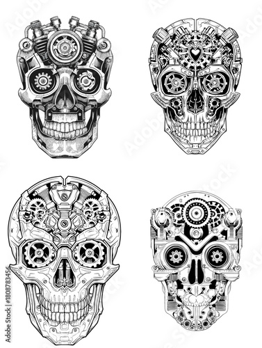 A detailed mechanical skull illustration filled with gears, cogs, and industrial components in monochrome style. Ideal for steampunk art, mechanical concepts, robotics themes, and tattoo designs.