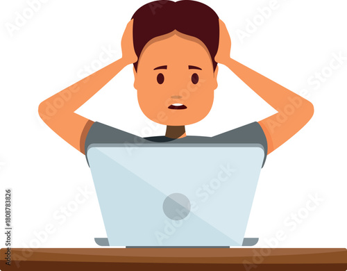 Stressed programmer is holding his head with hands while sitting at laptop, dealing with computer problems, system error, or deadline stress