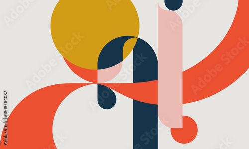 An abstract play of shapes and colors creates a lively and dynamic aesthetic, blending warm and cool tones for a visually striking contemporary art experience.