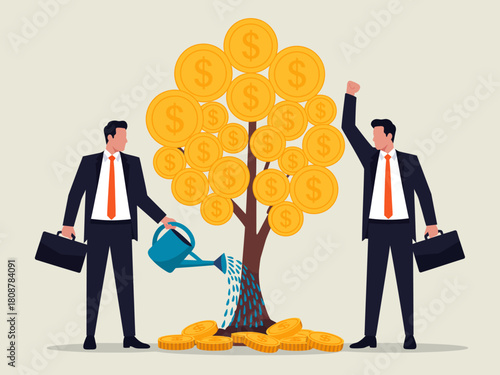 A striking illustration depicting two businessmen nurturing a money tree, symbolizing growth and financial success, perfect for investment-related themes.