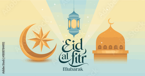 This image beautifully captures the essence of Eid al-Fitr, featuring festive elements like a crescent moon, star, and a decorative lantern in soft colors.