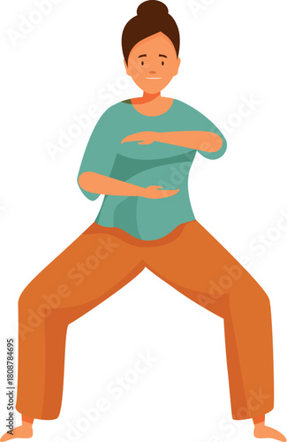 Woman performing qigong or tai chi chuan exercise, promoting health and wellness through traditional chinese practices