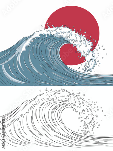 This image showcases a powerful wave crashing against a red sun backdrop, reminiscent of traditional Japanese art, highlighting the beauty of nature's force.
