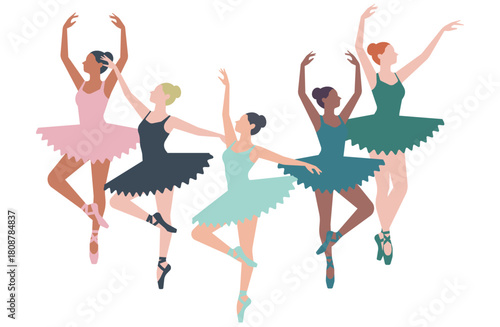 多様な人種のバレエダンサーのシルエット風イラスト