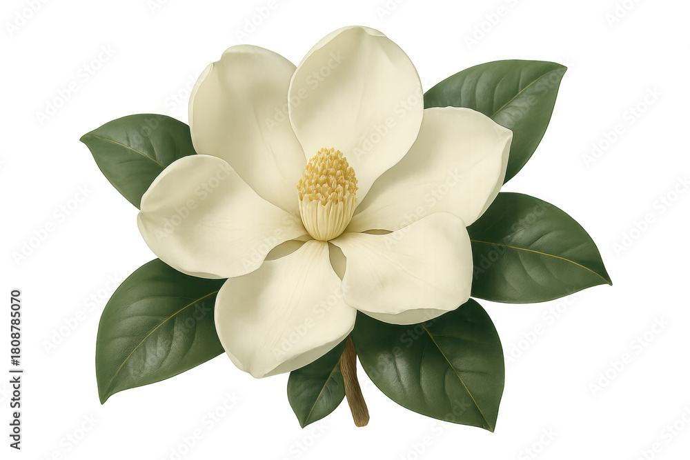 Obraz premium White magnolia flower with green leaves blooming, traditional botanical illustration, spring and beauty symbol on transparent background