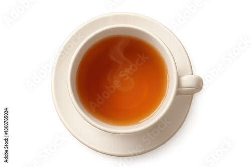 Hot tea cup with steam, refreshing warm beverage on a saucer, top view, transparent background