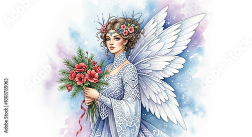 Watercolor Winter Ice Fairy in Blue Dress with Wings Holding Floral Bouquet