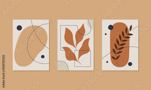 This image presents a compelling abstract combination of leaf-inspired shapes and geometric forms in warm earthy tones, ideal for creativity and contemporary decor themes.