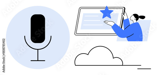 Microphone representing voice input, woman interacting with touchscreen, cloud infrastructure. Ideal for technology, communication, innovation, AI, cloud computing, user interface smart solutions