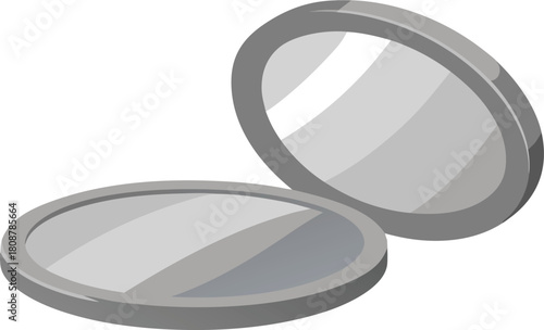 Open compact makeup mirror with reflective surface on white background