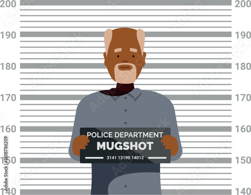 Elderly man holding mugshot sign against height chart background