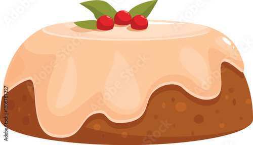 Delicious christmas pudding with holly berries and icing, perfect for festive celebrations and holiday treats