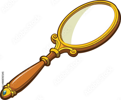 Antique handheld mirror with ornate golden frame and wooden handle