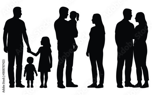 Family silhouettes, parents, children, couples, generations