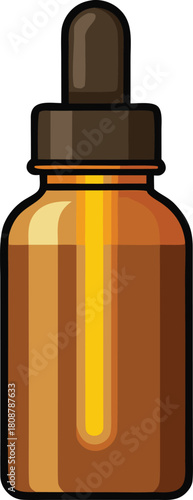 Amber glass dropper bottle with brown cap and liquid