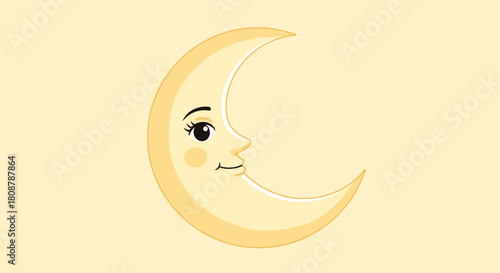 Cartoon crescent moon with a happy face and blush on a pale yellow background.