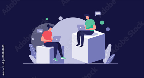 Two people sitting on abstract blocks, working on laptops with chat bubbles floating around.