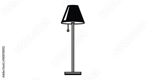 Black and white silhouette of a modern floor lamp with a cone-shaped shade.