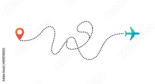 Airplane flying along a dotted line path from a location marker to its destination.