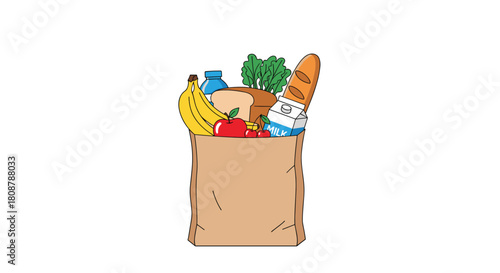 A brown paper grocery bag filled with various food items including fruit, bread, and milk.
