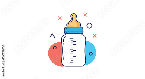 Flat illustration of a baby bottle with measurement markings and decorative elements.