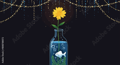 A single yellow flower in a glass bottle with a small white fish and aquatic plants.