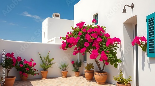 Fototapeta Naklejka Na Ścianę i Meble -  A photorealistic rendering of a Mediterranean-style patio, emphasizing whitewashed walls, vibrant bougainvillea, and a mosaic tiled floor under a clear blue sky