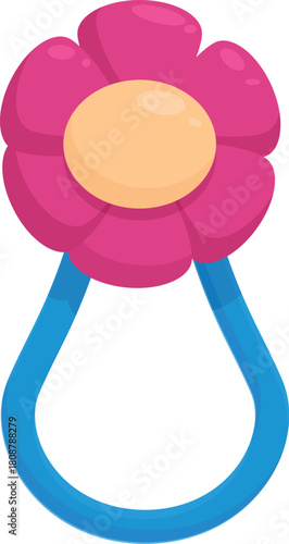Colorful baby rattle shaped like a pink flower with blue handle, promoting sensory exploration and development