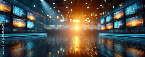 Blurred news studio with screens and lights concept. Vibrant digital display showcases a futuristic broadcast studio.