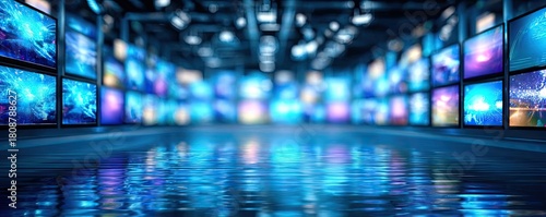 Blurred news studio with screens and lights concept. Futuristic digital space with glowing screens and reflections.