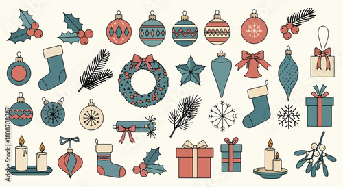 Festive Christmas icon set with ornaments, wreaths, stockings, candles, gifts, holly, pine branches & ribbons. Ideal for holiday campaigns, seasonal decor & family celebrations.