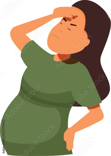 Pregnant woman touching her forehead and back, suffering from dizziness and back pain