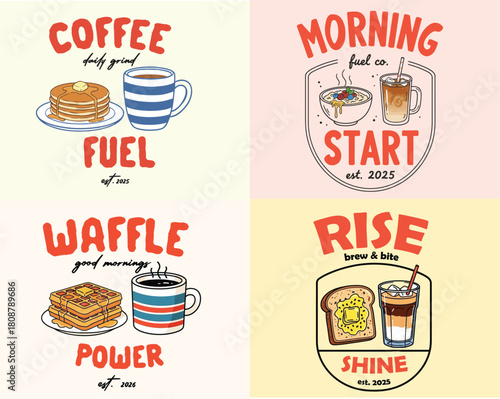 Set of 4 Morning Fuel Food and Coffee Badges Vector