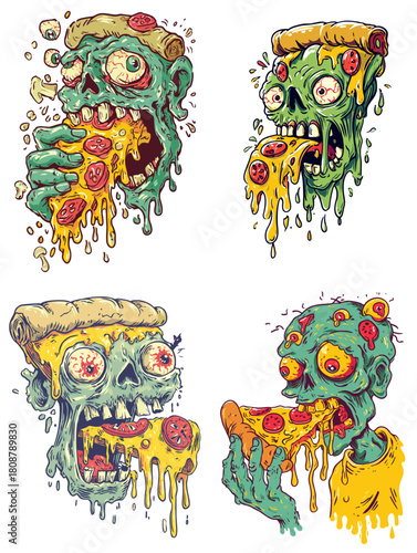 A bold cartoon illustration of a creepy zombie aggressively eating melting pizza with exaggerated features. Vibrant horror themed artwork perfect for stickers, T shirt designs, and edgy graphics.