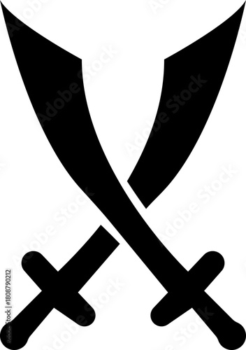 Crossed Swords Icon with Blade, Saber, Cutlass, Sword, Weapon, Steel and Combat Symbols in Black Flat Style Vector for Medieval and Battle Design