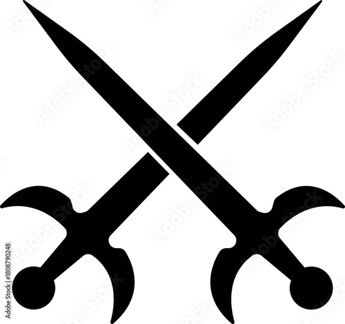 Crossed Swords Icon with Blade, Saber, Cutlass, Sword, Weapon, Steel and Combat Symbols in Black Flat Style Vector for Medieval and Battle Design