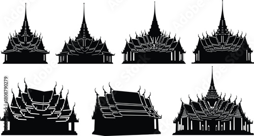 Thai temple silhouette set, traditional Asian architecture, Buddhist wat vector, ancient pagoda icons, Thailand landmark building illustration.