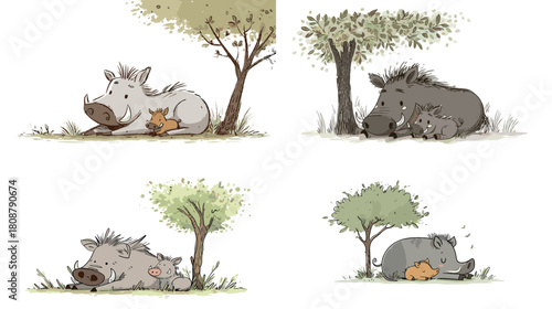 A gentle illustration of a warthog mother resting peacefully with her baby under small trees. Soft wildlife artwork ideal for children designs, nature themes, and heartwarming storytelling projects.