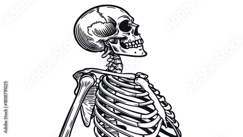 Upper Torso Skeleton Anatomy Side View Engraving