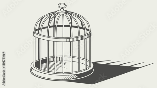 Vintage Empty Birdcage with Long Shadow Drawing