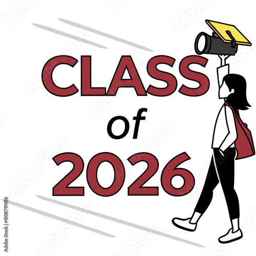 Illustration of a graduate girl holding a graduation cap like a telescope with the text class of 2026 isolated on for a graduation announcement