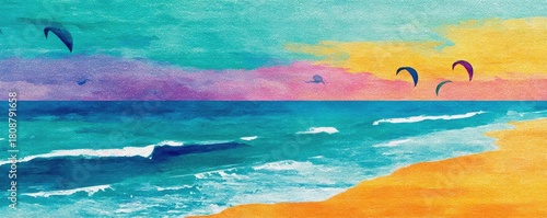 Vintage Florida postcard with iconic landmarks and vibes concept. Vibrant sunset over ocean with colorful kitesurfers in sky.