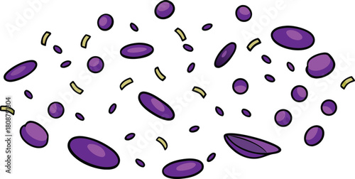 Microscopic view of purple oval shapes and small yellow and black dots