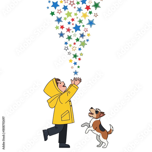 Captivating cartoon illustration of a child enjoying a shower of colorful stars with their dog