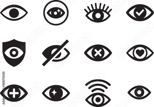 Silhouette vector eye icon set, simple design, isolated on white background.